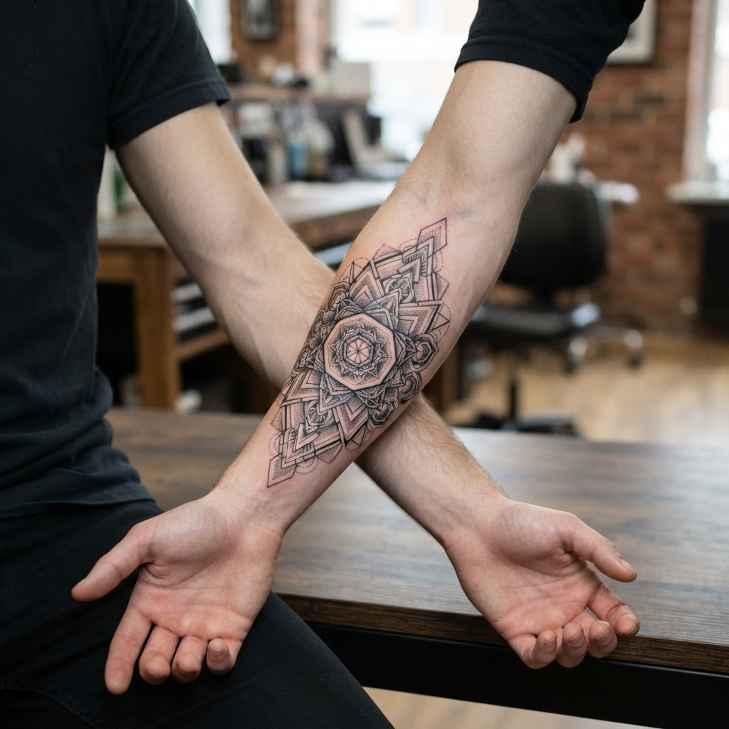 Intricate geometric pattern tattoo