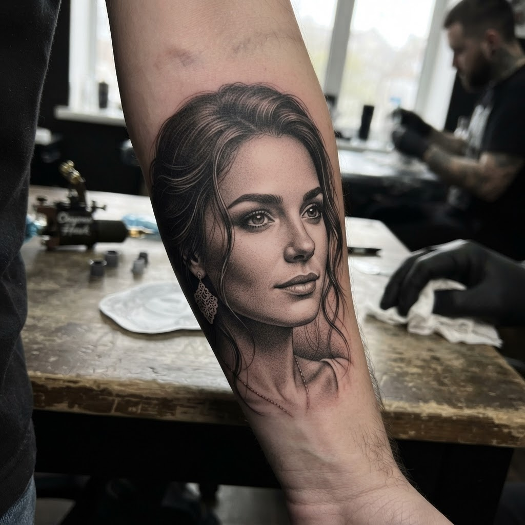 Detailed black and grey portrait tattoo